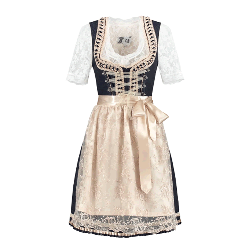 Dirndl 2-hluta., dökkblár og krem, satín svunta - Image 2